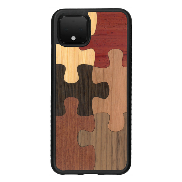 Coque de protection en bois véritable fabriquée en France pour Google Pixel 4 représentant un puzzle en six pièces qui allie du chêne fumé, du noyer, du bambou, du padouk, du merisier et de l'acajou