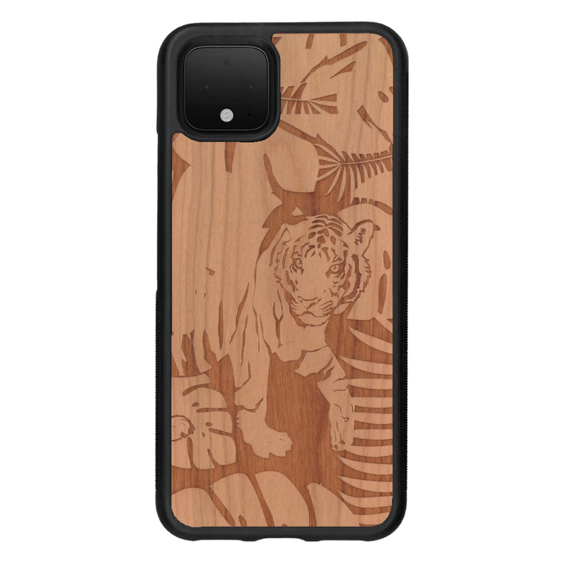 Coque de protection en bois véritable fabriquée en France pour Google Pixel 4 sur le thème de la nature et des animaux représentant un tigre dans la jungle entre des fougères