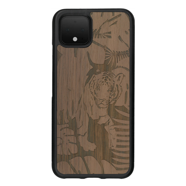 Coque de protection en bois véritable fabriquée en France pour Google Pixel 4 sur le thème de la nature et des animaux représentant un tigre dans la jungle entre des fougères