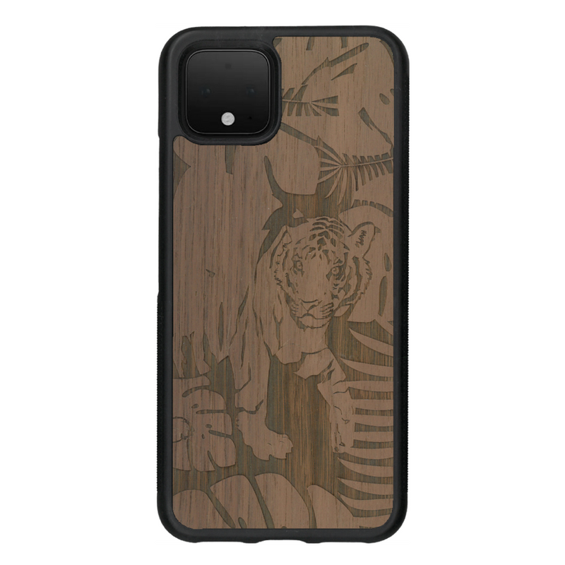 Coque de protection en bois véritable fabriquée en France pour Google Pixel 4 sur le thème de la nature et des animaux représentant un tigre dans la jungle entre des fougères