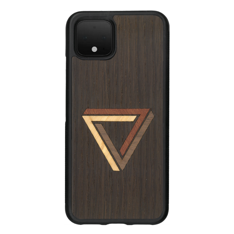 Coque de protection en bois véritable fabriquée en France pour Google Pixel 4 sur le thème de l'art géométrique qui allie du chêne fumé, du noyer, du bambou et du padouk représentant le triangle de penrose