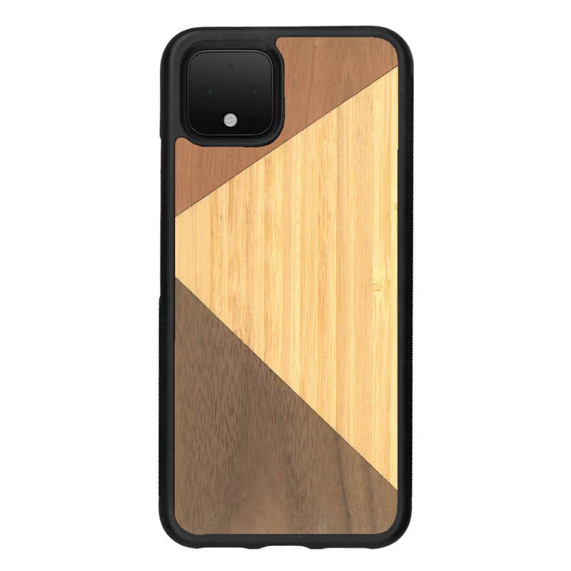 Coque de protection en bois véritable fabriquée en France pour Google Pixel 4 alliant du merisier, du noyer et du bambou formant chacun deux triangles et un trapèze avec deux jointures en diagonale sur le thème de l'art abstrait