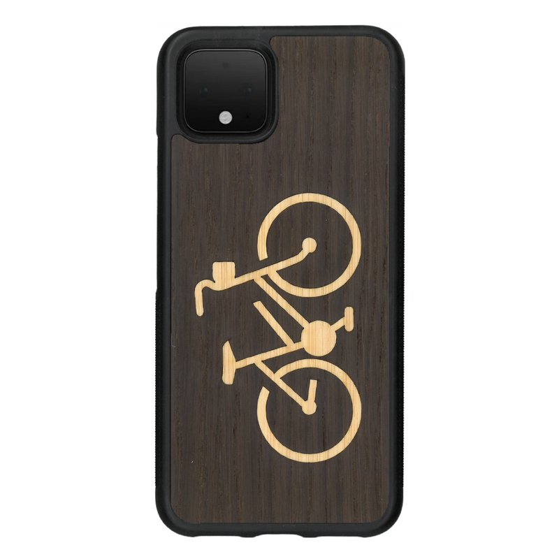 Coque de protection en bois véritable fabriquée en France pour Google Pixel 4 sur le theme du vélo et de l'outdoor qui allie du bambou et du chêne fumé représentant un vélo