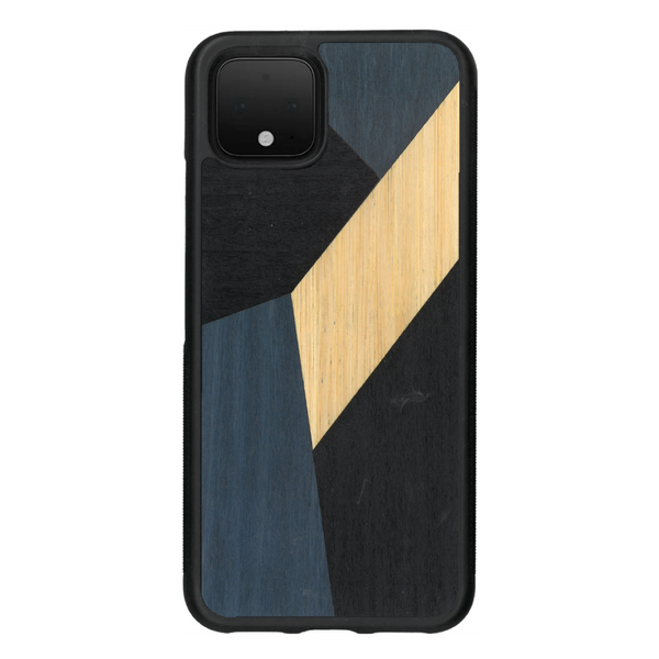 Coque de protection en bois véritable fabriquée en France pour Google Pixel 4 alliant du bambou, du tulipier bleu et noir en forme de mosaïque minimaliste sur le thème de l'art abstrait