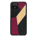 Coque de protection en bois véritable fabriquée en France pour Google Pixel 4 alliant du bambou, du tulipier rose et noir en forme de mosaïque minimaliste sur le thème de l'art abstrait