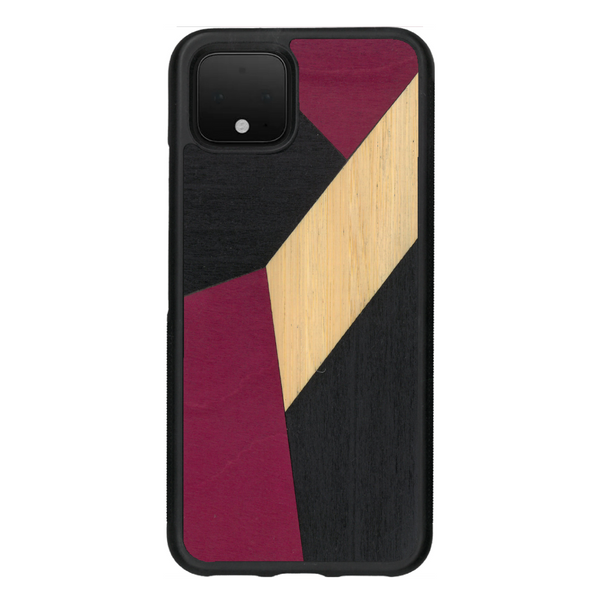 Coque de protection en bois véritable fabriquée en France pour Google Pixel 4 alliant du bambou, du tulipier rose et noir en forme de mosaïque minimaliste sur le thème de l'art abstrait