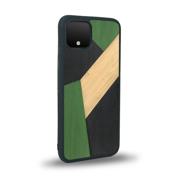 Coque de protection en bois véritable fabriquée en France pour Google Pixel 4 alliant du bambou, du tulipier vert et noir en forme de mosaïque minimaliste sur le thème de l'art abstrait