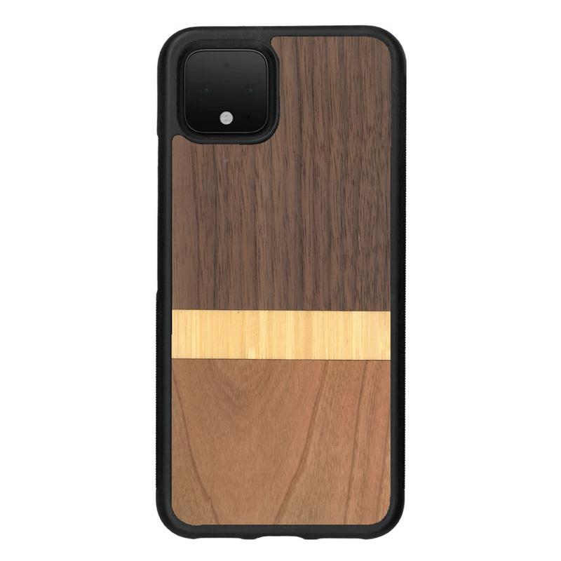 Coque de protection en bois véritable fabriquée en France pour Google Pixel 4 alliant des bandes horizontales de bambou, merisier et noyer