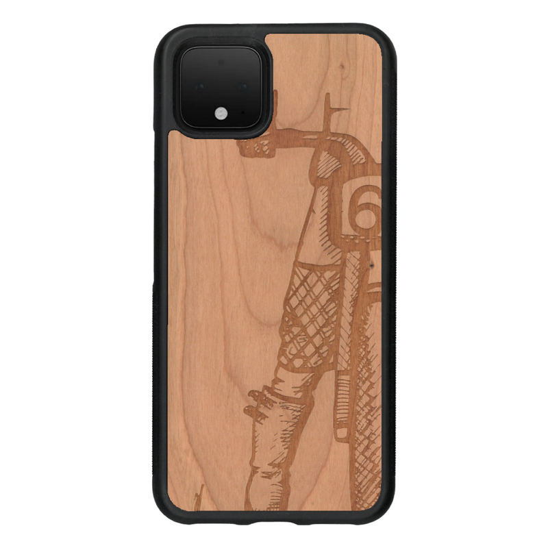 Coque de protection en bois véritable fabriquée en France pour Google Pixel 4 représentant une vue de face d'une femme sur une moto vintage dessinée à la main par l'artiste Maud Dabs