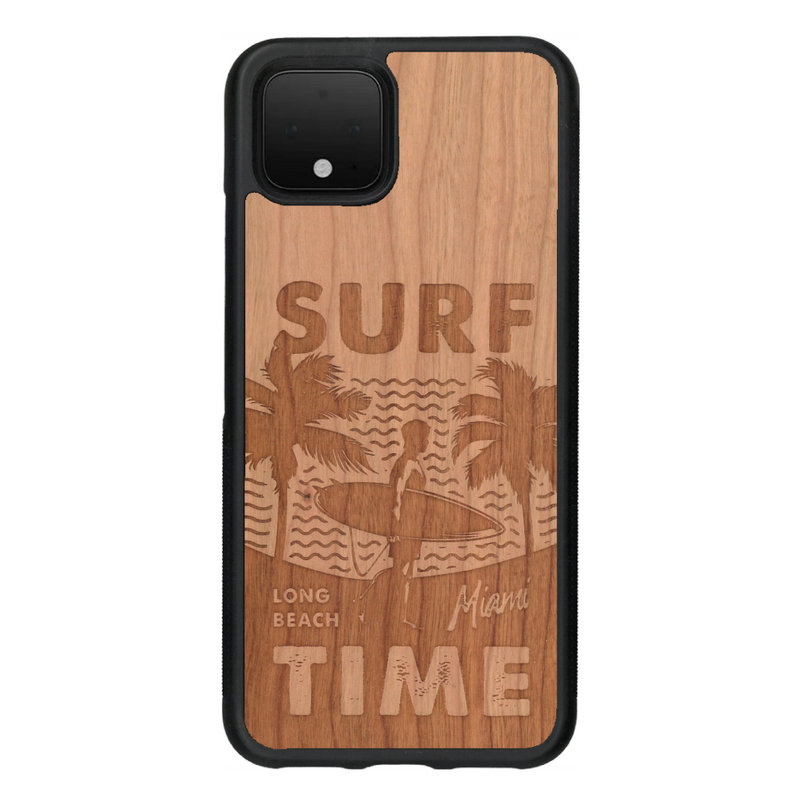 Coque de protection en bois véritable fabriquée en France pour Google Pixel 4 sur le thème chill avec un motif représentant une silouhette tenant une planche de surf sur une plage entouré de palmiers et les mots "Surf Time Long Beach Miami"