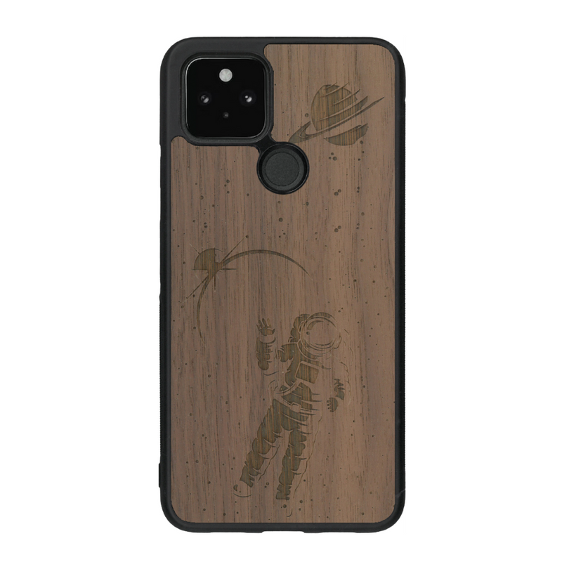 Coque de protection en bois véritable fabriquée en France pour Google Pixel 4a 5g sur le thème des astronautes