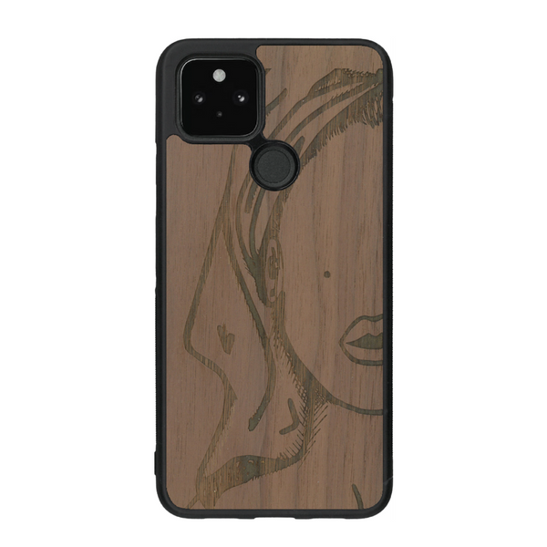 Coque de protection en bois véritable fabriquée en France pour Google Pixel 4a 5g représentant une silhouette féminine épurée de type line art en collaboration avec l'artiste Maud Dabs