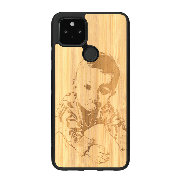 Coque de protection en bois véritable fabriquée en France pour Google Pixel 4a 5g avec gravure personnalisée à partir d'une photo, d'une image, d'un logo, des initials ou d'une phrase