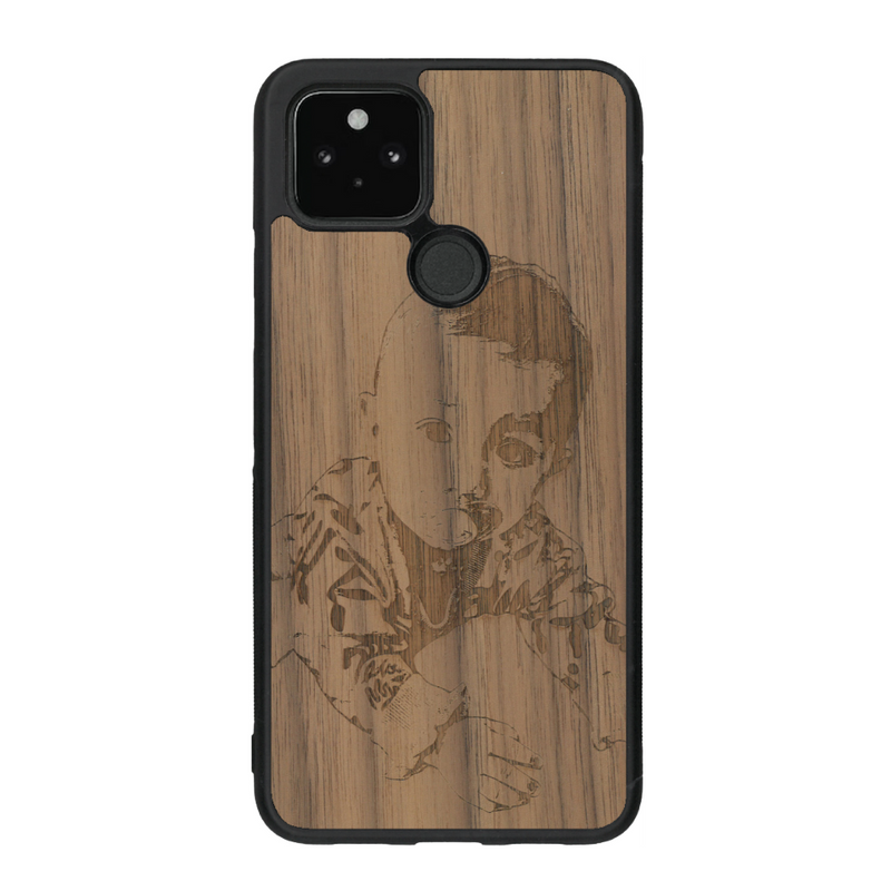 Coque de protection en bois véritable fabriquée en France pour Google Pixel 4a 5g avec gravure personnalisée à partir d'une photo, d'une image, d'un logo, des initials ou d'une phrase