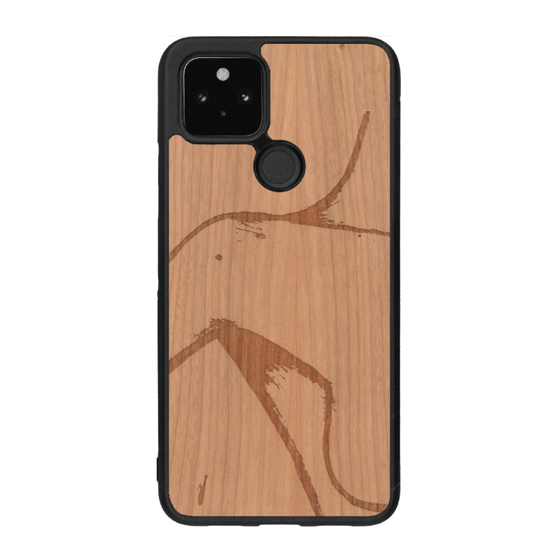 Coque de protection en bois véritable fabriquée en France pour Google Pixel 4a 5g représentant une silhouette féminine dessinée à la main par l'artiste Maud Dabs