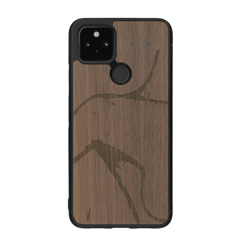 Coque de protection en bois véritable fabriquée en France pour Google Pixel 4a 5g représentant une silhouette féminine dessinée à la main par l'artiste Maud Dabs