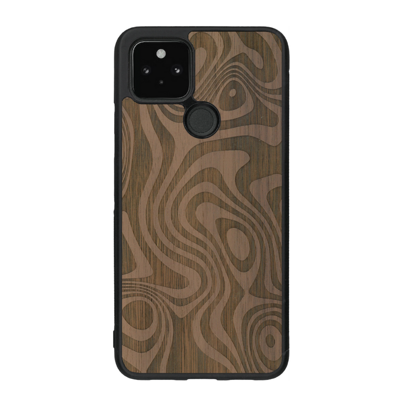 Coque de protection en bois véritable fabriquée en France pour Google Pixel 4a 5g avec un motif abstrait représentant les mouvements de l'eau