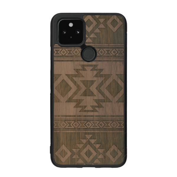 Coque de protection en bois véritable fabriquée en France pour Google Pixel 4a 5g avec des motifs géométriques s'inspirant des temples aztèques, mayas et incas