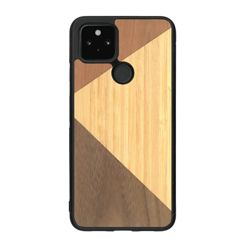 Coque de protection en bois véritable fabriquée en France pour Google Pixel 4a 5g alliant du merisier, du noyer et du bambou formant chacun deux triangles et un trapèze avec deux jointures en diagonale sur le thème de l'art abstrait