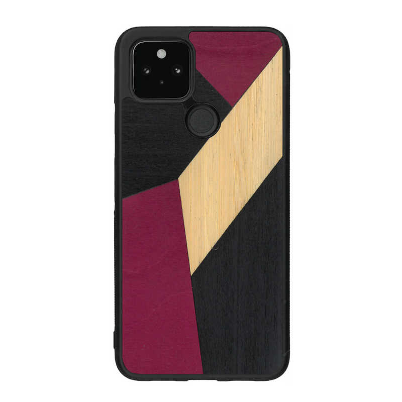 Coque de protection en bois véritable fabriquée en France pour Google Pixel 4a 5g alliant du bambou, du tulipier rose et noir en forme de mosaïque minimaliste sur le thème de l'art abstrait