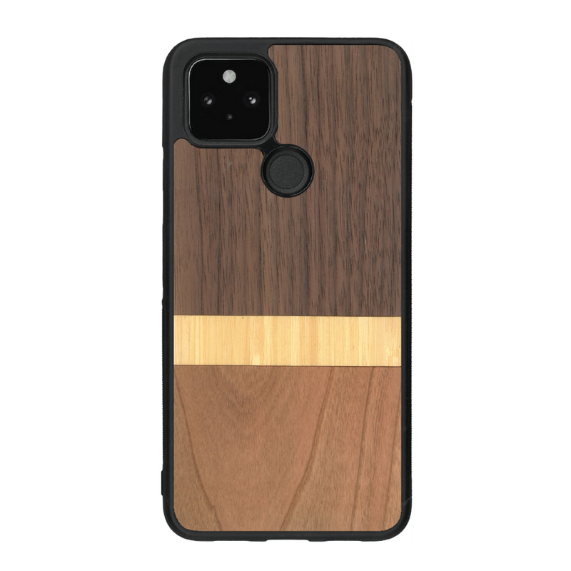 Coque de protection en bois véritable fabriquée en France pour Google Pixel 4a 5g alliant des bandes horizontales de bambou, merisier et noyer