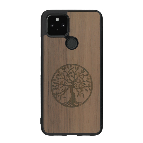 Coque de protection en bois véritable fabriquée en France pour Google Pixel 4A sur le thème de la spiritualité et du yoga avec une gravure zen représentant un arbre de vie