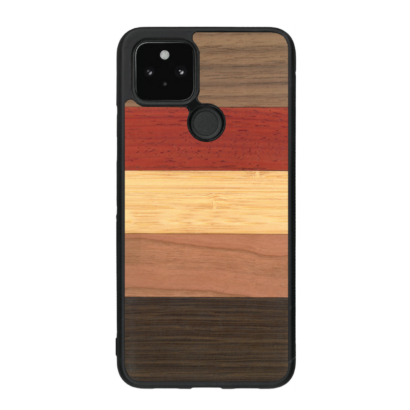 Coque de protection en bois véritable fabriquée en France pour Google Pixel 4A alliant des bandes horizontales de bambou, merisier, padouk, noyer et chêne fumé