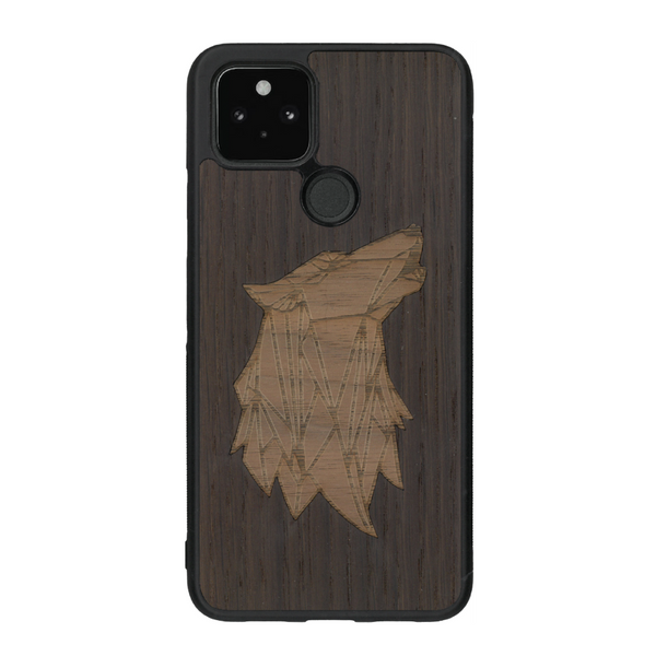 Coque de protection en bois véritable fabriquée en France pour Google Pixel 4A alliant du chêne fumé et du noyer représentant une tête de loup géométrique de profil sur le thème des animaux et de la nature