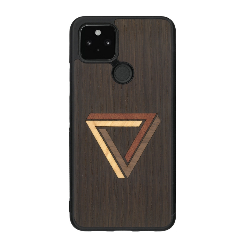 Coque de protection en bois véritable fabriquée en France pour Google Pixel 4A sur le thème de l'art géométrique qui allie du chêne fumé, du noyer, du bambou et du padouk représentant le triangle de penrose