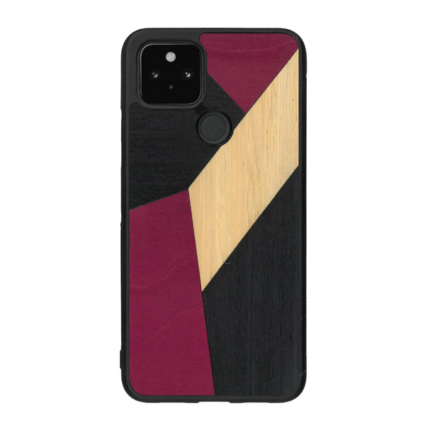 Coque de protection en bois véritable fabriquée en France pour Google Pixel 4A alliant du bambou, du tulipier rose et noir en forme de mosaïque minimaliste sur le thème de l'art abstrait