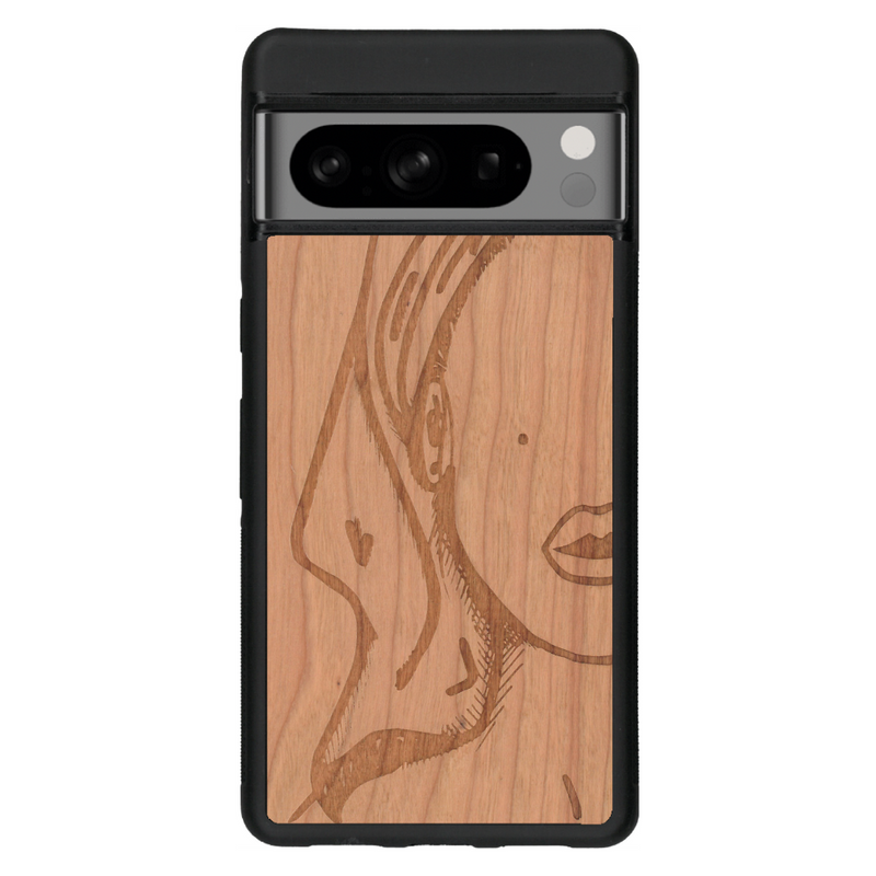 Coque de protection en bois véritable fabriquée en France pour Google Pixel 6 représentant une silhouette féminine épurée de type line art en collaboration avec l'artiste Maud Dabs