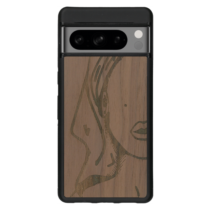 Coque de protection en bois véritable fabriquée en France pour Google Pixel 6 représentant une silhouette féminine épurée de type line art en collaboration avec l'artiste Maud Dabs