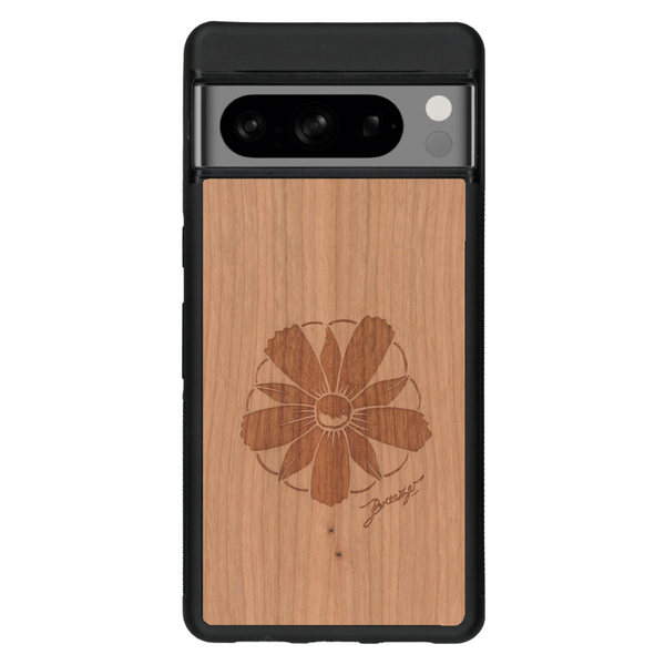 Coque de protection en bois véritable fabriquée en France pour Google Pixel 6 sur le thème des fleurs et de la montagne avec un motif de gravure représentant les pétales d'une fleur des montagnes