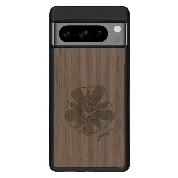 Coque de protection en bois véritable fabriquée en France pour Google Pixel 6 sur le thème des fleurs et de la montagne avec un motif de gravure représentant les pétales d'une fleur des montagnes