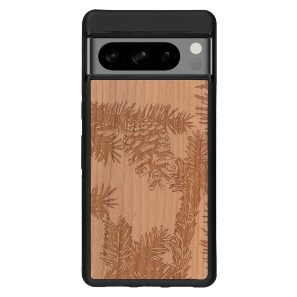 Coque de protection en bois véritable fabriquée en France pour Google Pixel 6 sur le thème de la nature des arbres avec un motif de gravure représentant des épines de sapin et des pommes de pin