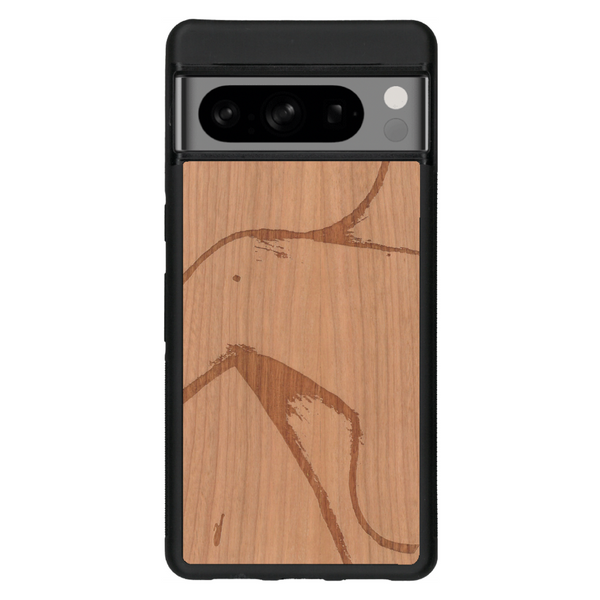 Coque de protection en bois véritable fabriquée en France pour Google Pixel 6 représentant une silhouette féminine dessinée à la main par l'artiste Maud Dabs