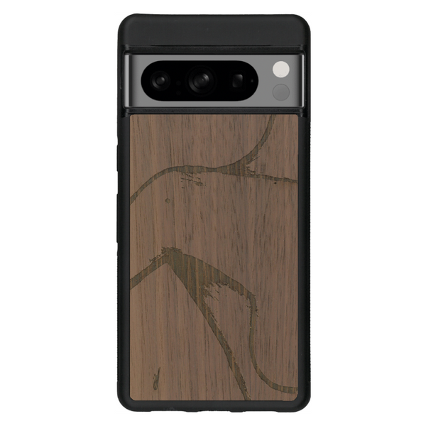 Coque de protection en bois véritable fabriquée en France pour Google Pixel 6 représentant une silhouette féminine dessinée à la main par l'artiste Maud Dabs