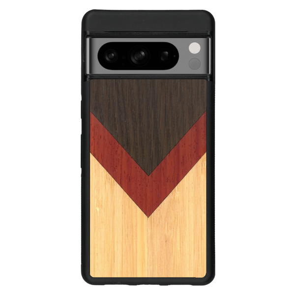 Coque de protection en bois véritable fabriquée en France pour Google Pixel 6 alliant du chêne fumé, du padouk et du bambou en forme de chevron sur le thème de l'art abstrait