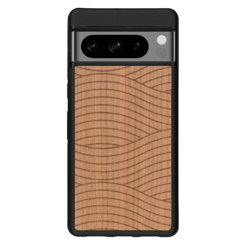 Coque de protection en bois véritable fabriquée en France pour Google Pixel 6 avec un motif moderne et minimaliste sur le thème waves et wavy représentant les vagues de l'océan