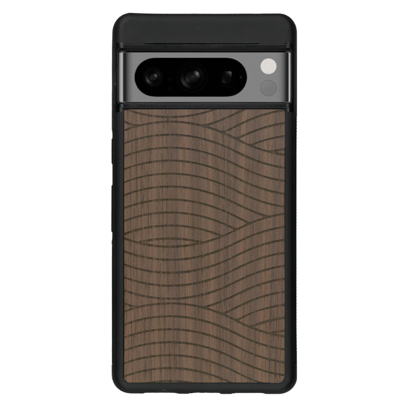 Coque de protection en bois véritable fabriquée en France pour Google Pixel 6 avec un motif moderne et minimaliste sur le thème waves et wavy représentant les vagues de l'océan