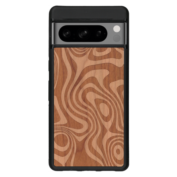 Coque de protection en bois véritable fabriquée en France pour Google Pixel 6 avec un motif abstrait représentant les mouvements de l'eau