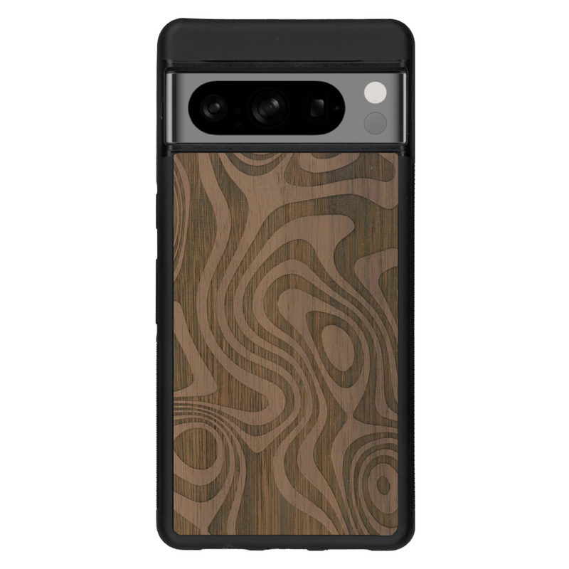 Coque de protection en bois véritable fabriquée en France pour Google Pixel 6 avec un motif abstrait représentant les mouvements de l'eau