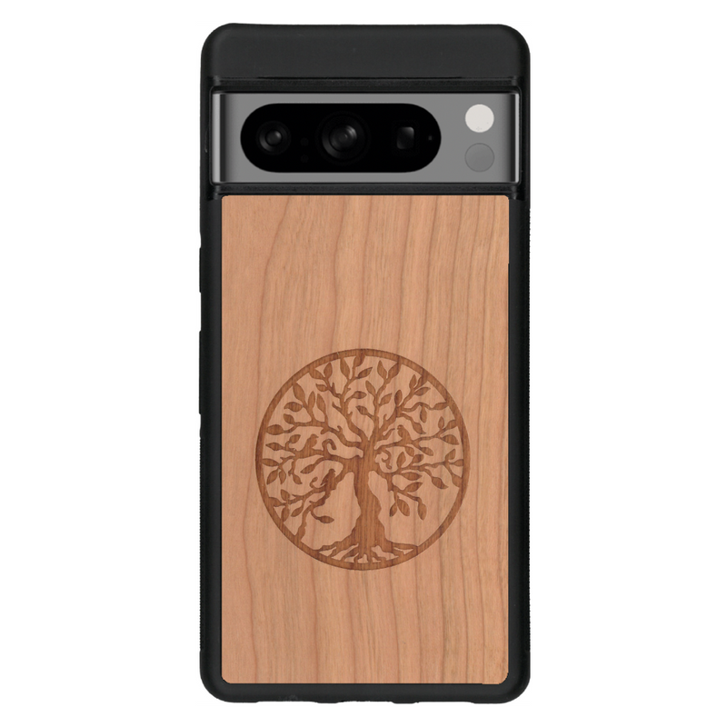 Coque de protection en bois véritable fabriquée en France pour Google Pixel 6 sur le thème de la spiritualité et du yoga avec une gravure zen représentant un arbre de vie