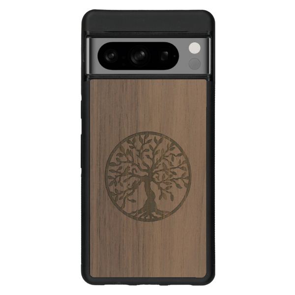 Coque de protection en bois véritable fabriquée en France pour Google Pixel 6 sur le thème de la spiritualité et du yoga avec une gravure zen représentant un arbre de vie