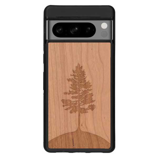 Coque de protection en bois véritable fabriquée en France pour Google Pixel 6 sur le thème de la nature, de la fôret et de l'écoresponsabilité avec une gravure représentant un arbre 