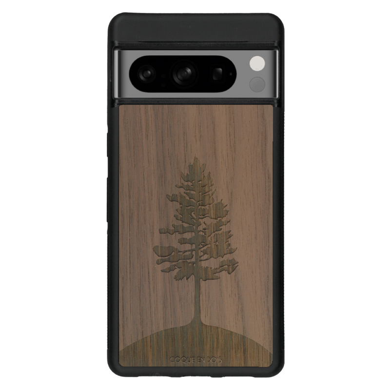 Coque de protection en bois véritable fabriquée en France pour Google Pixel 6 sur le thème de la nature, de la fôret et de l'écoresponsabilité avec une gravure représentant un arbre 