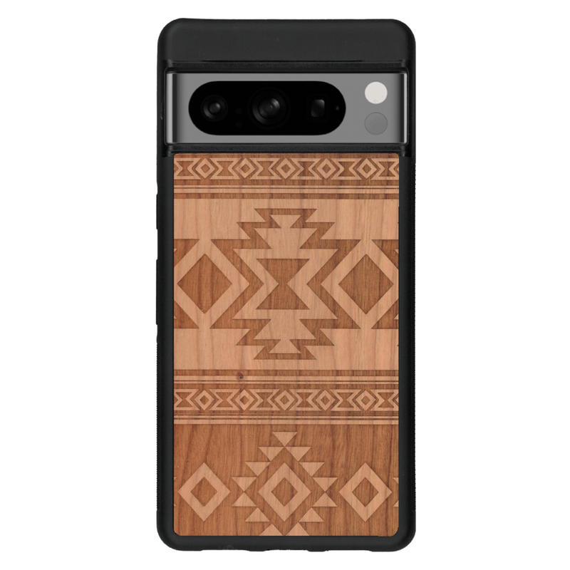 Coque de protection en bois véritable fabriquée en France pour Google Pixel 6 avec des motifs géométriques s'inspirant des temples aztèques, mayas et incas