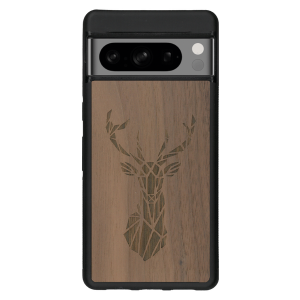 Coque de protection en bois véritable fabriquée en France pour Google Pixel 6 sur le thème de la nature et des animaux représentant une tête de cerf gométrique avec un design moderne et minimaliste