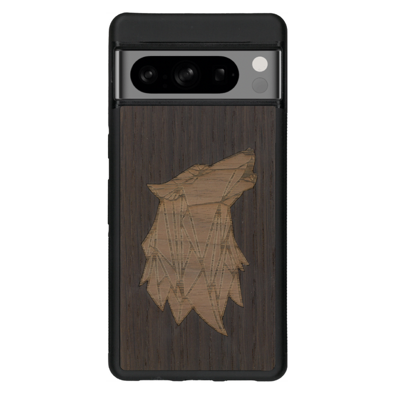 Coque de protection en bois véritable fabriquée en France pour Google Pixel 6 alliant du chêne fumé et du noyer représentant une tête de loup géométrique de profil sur le thème des animaux et de la nature