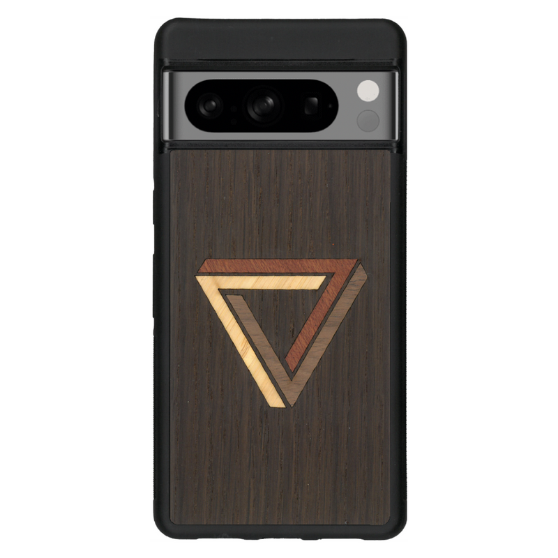 Coque de protection en bois véritable fabriquée en France pour Google Pixel 6 sur le thème de l'art géométrique qui allie du chêne fumé, du noyer, du bambou et du padouk représentant le triangle de penrose